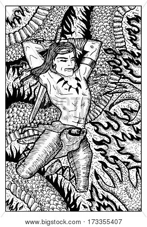 Conan warrior barbarian fighting the dragon beast. Hand drawn vector illustration. Engraved line art drawing, black and white doodle. 
