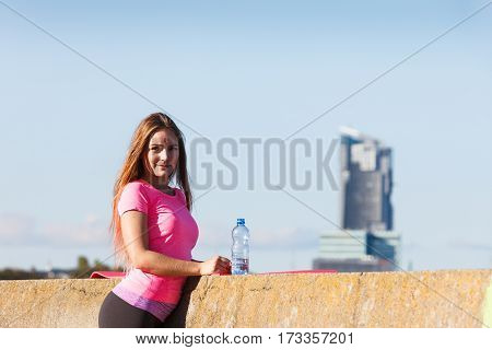 Woman Drinking Water After Sport Gym Outdoor