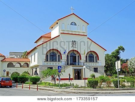 Kos, Greece - July 31, 2015: Evangelismos Church in Kos, the capital of the island of Kos, Greece.