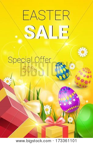Easter Sale Shopping Special Offer Decorated Colorful Egg Holiday Banner Flat Vector Illustration