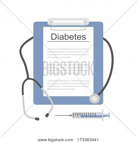 Diabetes test or diagnosis with stethoscope and a syringe. Vector illustration flat design
