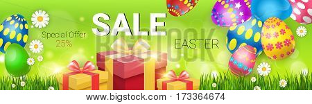 Easter Sale Shopping Special Offer Decorated Colorful Egg Holiday Banner Flat Vector Illustration