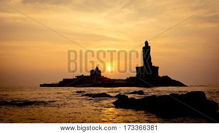 Kanyakumari Comorin cape Kerala India Sunrise above the ocean