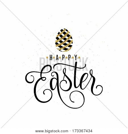 Vector illustration of happy easter greeting template with lettering text phrase and striped glitter egg isolated on white grunge background in luxury style