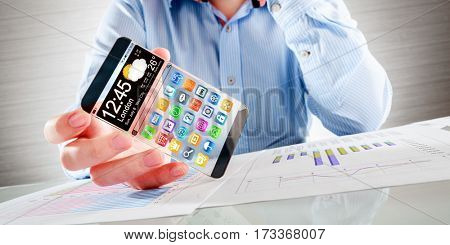 Futuristic Smart phone (phablet) with a transparent display in human hands. Concept actual future innovative ideas and best technologies humanity.