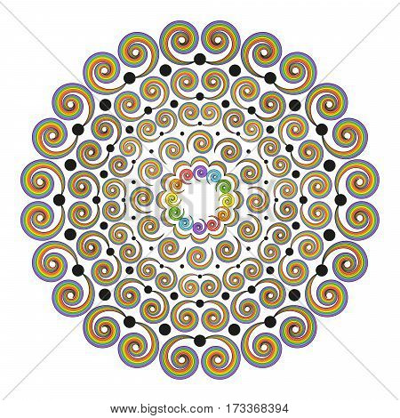 vector colored round rainbow spectrum mandala with curly spirals - adult coloring book page