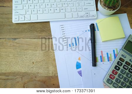 Mix Of Office Supplies On A Wooden Table Background. View From Above.
