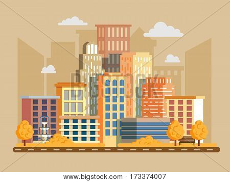 Vector illustration in modern flat style. Cityscape with a lot of sky scrapers in autumn. Buildings and business center.