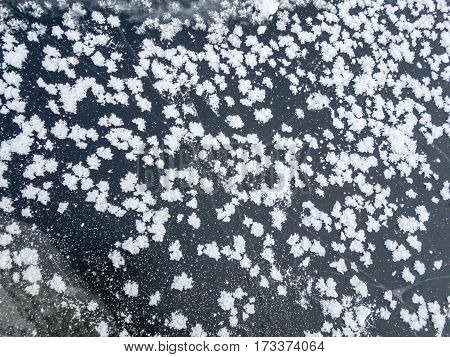 Original frost texture on the ice, Snowy flowers.