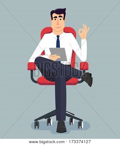 Young handsome businessman sitting on a wheelchair. He holds a tablet in the hands. Vector illustration in modern flat style for web banners info graphic and graphic design.