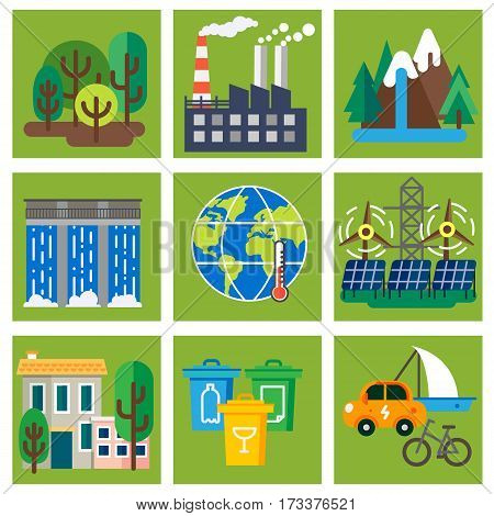 Ecology problem concept in flat stile. Icons set, Vector illustration for web, info graphic and graphic design.