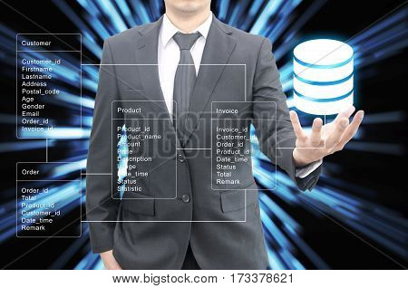 Double Exposure Of Professional Businessman Hold Database Table With Futuristic Background