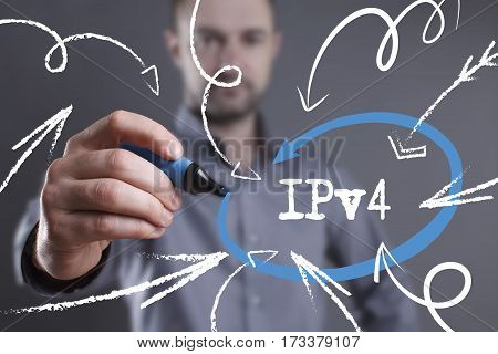 Technology, Internet, Business And Marketing. Young Business Man Writing Word: Ipv4