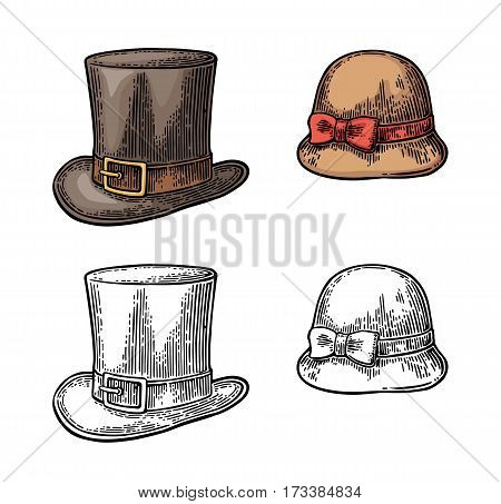 Ladies and gentlemen hat. Vector color vintage engraved illustration. Isolated on a white background.