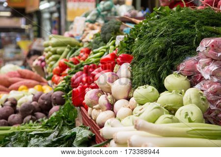 Various organic beautiful vegetables at farmers market