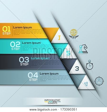 Infographic design template with 4 rectangular numbered layers, strategic business elements. Project management and planning concept. Vector illustration for website, presentation, banner, report.