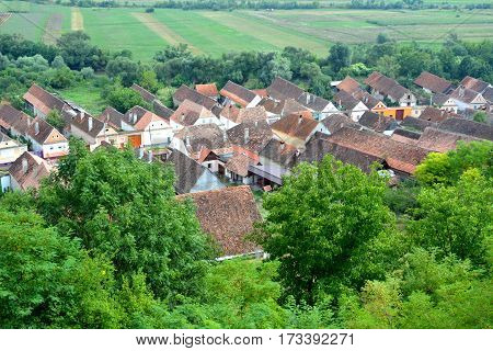 Aerial view of the village Ungra, Transylvania, Romania.