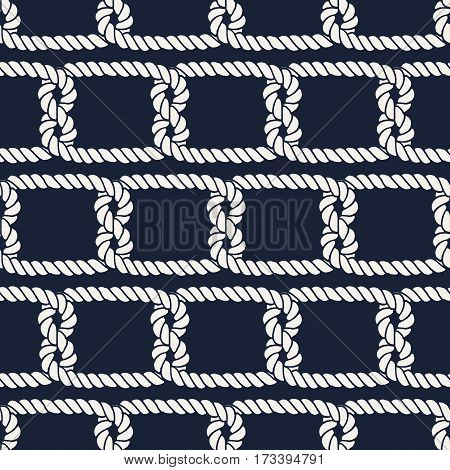 Seamless nautical rope pattern. Endless navy illustration with white loop ornament. Marine half knots on dark blue backdrop. Maritime style background. For fabric, wallpaper, wrapping