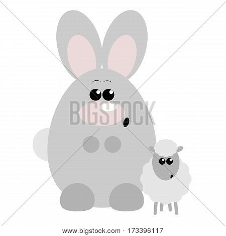 Funny cartoon surprised rabbit and his sheep friend