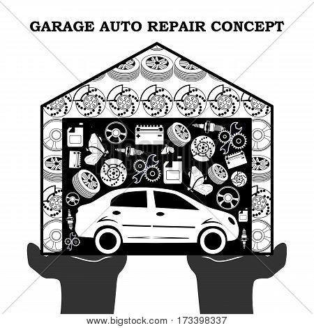 Auto Repair Services black concept with car icons and spare parts in the garage in the stretched out palms isolated on white background. Vector illustration
