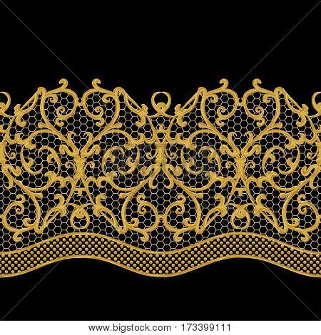Seamless pattern. Golden textured curls. Oriental style arabesques. Brilliant lace stylized flowers. Openwork weaving delicate lace golden background.