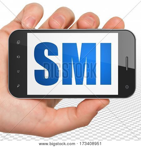 Stock market indexes concept: Hand Holding Smartphone with blue text SMI on display, 3D rendering