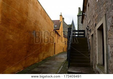 A view down a narrow lane in the medieval area of Bo'Ness