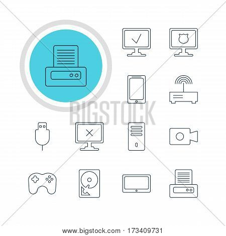 Vector Illustration Of 12 Computer Icons. Editable Pack Of Hard Drive Disk, Access Denied, Tablet And Other Elements.