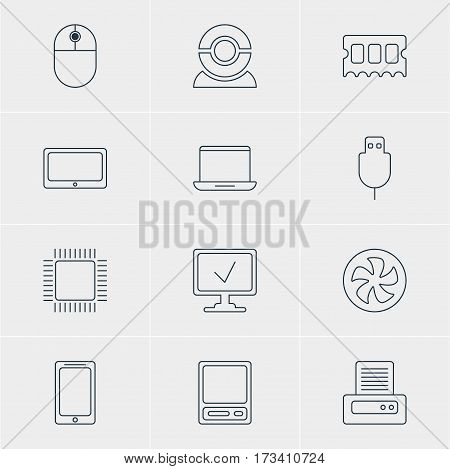 Vector Illustration Of 12 Notebook Icons. Editable Pack Of Cursor Manipulator, Printer, Online Computer And Other Elements.