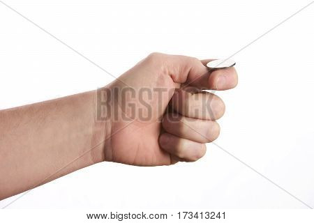 businessman hand throwing up a coin to make decision.heads and tails concept isolated on white