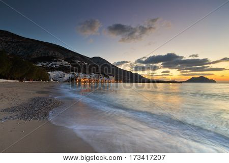 AEGIALI, GREECE - FEBRUARY 01, 2017: Aegiali village as seen from the beach, Amorgos island on February 01, 2017.
