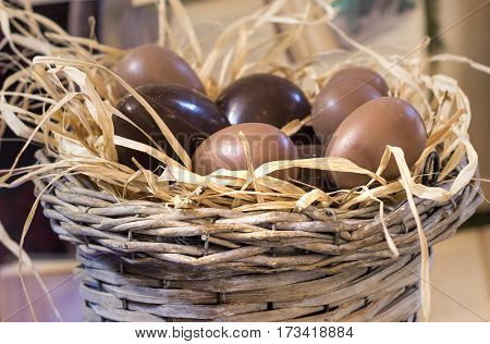 Easter Eggs of milk and dark chocolate in nest