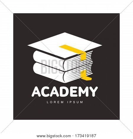 Graphic three colored square academic, graduation cap logo template, vector illustration isolated on black background. Stylized square graphic graduation cap logotype, logo design in three colors