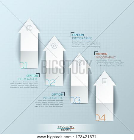 Infographic design layout with 4 numbered upward pointing arrows and text boxes. Elements of business growth, development and progress, increase in sales. Vector illustration for website, report, ad.