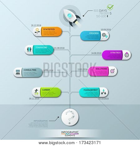 Infographic design template, vertical tree diagram with 8 connected elements and text boxes. Startup launch story and statistics, business development process. Vector illustration for report, website.