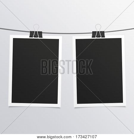 Collection of blank photo frames on rope in realistic style. Set of vintage photos frame for your picture. Retro framework isolated on gray background. Vector illustration. EPS 10.