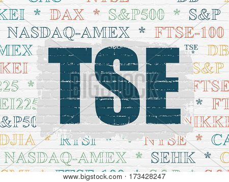 Stock market indexes concept: Painted blue text TSE on White Brick wall background with  Tag Cloud