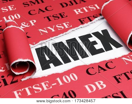 Stock market indexes concept: black text AMEX under the curled piece of Red torn paper with  Tag Cloud, 3D rendering
