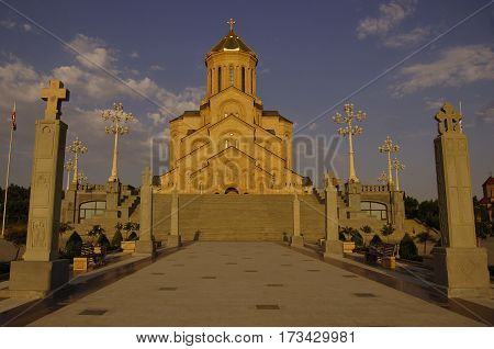 Tsminda Sameba Church (The Holy Trinity Cathedral of Tbilisi) at evening, located in Tbilisi, capital of Georgia