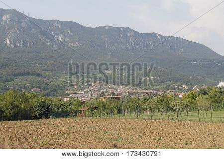 Agricultural landscape with town of Botticino in Italy