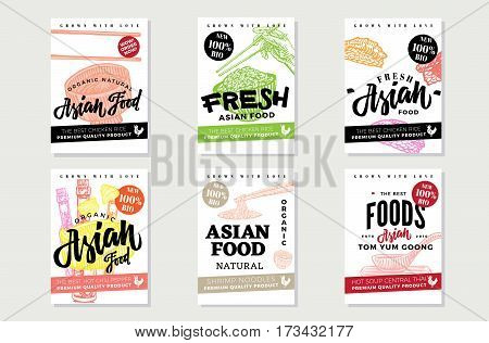 National asian food sketch posters with traditional products and meals of japanese indonesian and chinese cuisines vector illustration