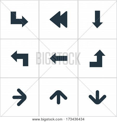 Set Of 9 Simple Indicator Icons. Can Be Found Such Elements As Downwards Pointing, Upward Direction, Rearward And Other.