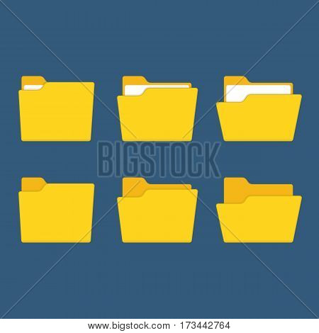 Folder icons set, isolated on blue background. Open and close yellow folders with documents. Modern flat design vector illustration concept for web banners, web and mobile app, web sites, infographic.