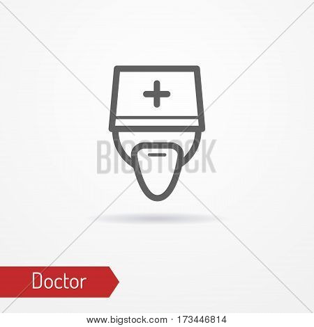 Typical simplistic doctor face in professional hat with cross. Medic or surgeon head isolated minimalistic icon in line style with shadow. Profession and healthcare vector stock image.