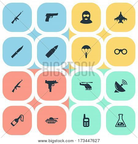 Set Of 16 Simple War Icons. Can Be Found Such Elements As Heavy Weapon, Walkies, Rifle Gun And Other.