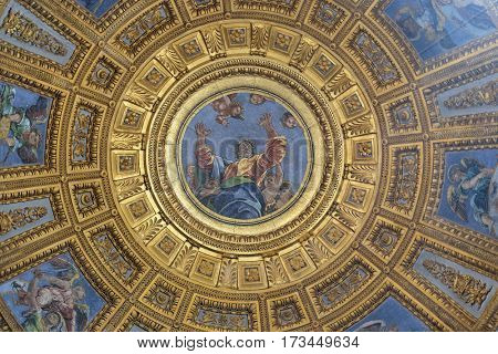 ROME, ITALY - SEPTEMBER 02: Mosaic of God the Father in the top of cupola in Chigi chapel by Luigi de Pace in Church of Santa Maria del Popolo, Rome, Italy on September 02, 2016.