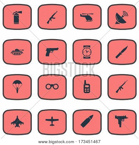 Set Of 16 Simple Terror Icons. Can Be Found Such Elements As Sky Force, Firearm, Pistol And Other.