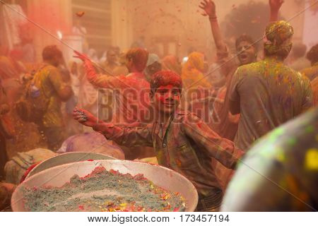 Vrindavan, India - March 21, 2016: Holi celebration at Gopinath Temple in Vrindavan, Uttar Pradesh, India.