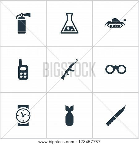 Set Of 9 Simple War Icons. Can Be Found Such Elements As Kalashnikov, Field Glasses, Walkies And Other.