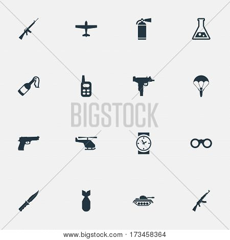 Set Of 16 Simple Army Icons. Can Be Found Such Elements As Extinguisher, Molotov, Air Bomber And Other.